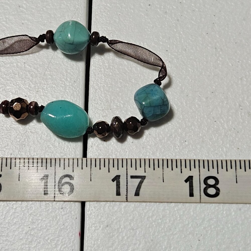 Boho Beaded Ribbon Necklace Blue Brown Beads Southwest Fashion Jewelry Women - Picture 5 of 5